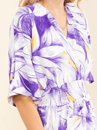 WOMEN'S SHORT SLEEVE ELASTIC WAIST SURPLICE SIDE SLIT FLORAL PRINT MAXI DRESS