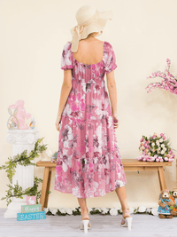 WOMEN'S SHORT SLEEVE SQUARE NECK ELASTIC WAIST FLORAL PRINT MIDI DRESS