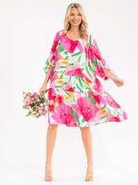 WOMEN'S 3/4 SLEEVE POCKETS TIERED LOOSE FIT FLORAL PRINT MINI DRESS