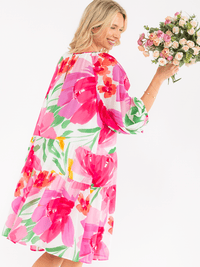 WOMEN'S 3/4 SLEEVE POCKETS TIERED LOOSE FIT FLORAL PRINT MINI DRESS