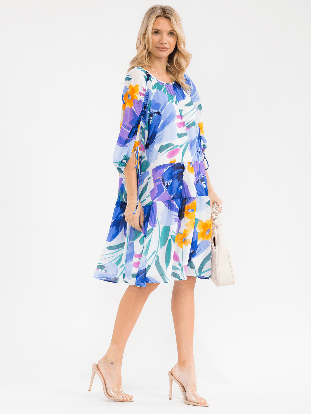 WOMEN'S 3/4 SLEEVE POCKETS TIERED LOOSE FIT FLORAL PRINT MINI DRESS IVORY / 1S-1M-1L