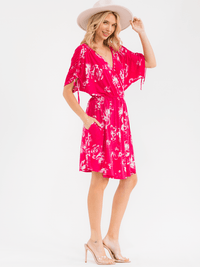 WOMEN'S SHORT SLEEVE SURPLICE ELASTIC WAIST POCKETS FLORAL PRINT MINI DRESS