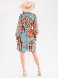 WOMEN'S LONG SLEEVE SURPLICE SELF TIE FLORAL PRINT WRAP MINI DRESS