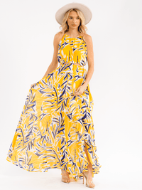 WOMEN'S SLEEVELESS CUT OUT ELASTIC WAIST RUFFLE FLORAL MAXI DRESS