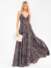 WOMEN'S SLEEVELESS SELF TIE FLORAL WRAP MAXI DRESS
