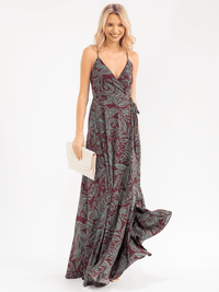 WOMEN'S SLEEVELESS SELF TIE FLORAL WRAP MAXI DRESS