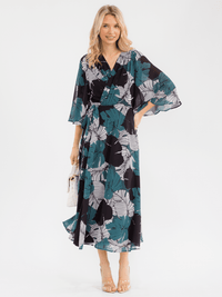 WOMEN'S 3/4 SLEEVE V-NECK FLORAL WRAP MAXI DRESS