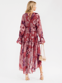 WOMEN'S LONG SLEEVE V-NECK ELASTIC WAIST HIGH-LOW FLORAL MAXI DRESS