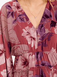WOMEN'S LONG SLEEVE V-NECK ELASTIC WAIST HIGH-LOW FLORAL MAXI DRESS