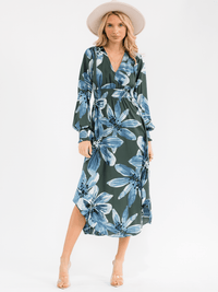 WOMEN'S LONG SLEEVE V-NECK SMOCK WAIST FLORAL MAXI DRESS