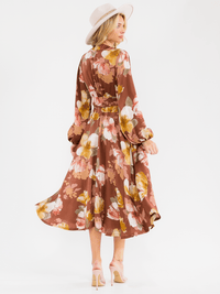 WOMEN'S LONG SLEEVE SELF TIE FLORAL PRINT WRAP MAXI DRESS