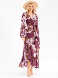 WOMEN'S LONG BELL SLEEVE SELF TIE HIGH-LOW FLORAL WRAP MAXI DRESS