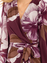 WOMEN'S LONG BELL SLEEVE SELF TIE HIGH-LOW FLORAL WRAP MAXI DRESS
