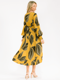 WOMEN'S LONG SLEEVE V-NECK SMOCK WAIST LEAF PRINT MAXI DRESS