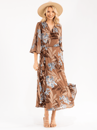 WOMEN'S 3/4 SLEEVE V-NECK SELF TIE FLORAL WRAP MAXI DRESS