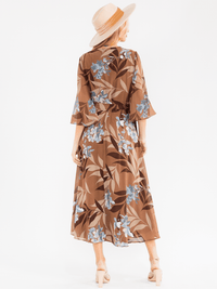 WOMEN'S 3/4 SLEEVE V-NECK SELF TIE FLORAL WRAP MAXI DRESS