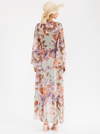 WOMEN'S LONG BELL SLEEVE SELF TIE HIGH-LOW FLORAL WRAP MAXI DRESS