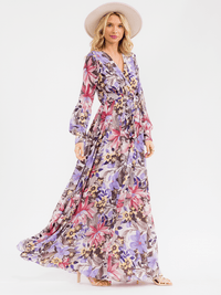 WOMEN'S LONG SLEEVE SURPLICE ELASTIC WAIST FLORAL MAXI DRESS
