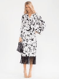 WOMEN'S LONG SLEEVE FRINGE BOTTOM HEM WRAP FLORAL MIDI DRESS