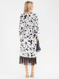 WOMEN'S LONG SLEEVE FRINGE BOTTOM HEM WRAP FLORAL MIDI DRESS