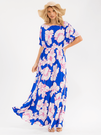 WOMEN'S SHORT SLEEVE ELASTIC WAIST POCKETS FLORAL PRINT MAXI DRESS
