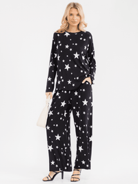 WOMEN'S LONG SLEEVE TOP & ELASTIC WAIST PANTS STARTS PRINT 2 PC. SET