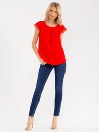WOMEN'S SHORT CROCHET RUFFLE SLEEVE DETAILED BLOUSE