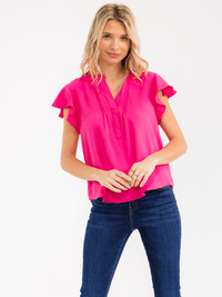 WOMEN'S SHORT RUFFLE SLEEVE V-NECK DETAILED BLOUSE
