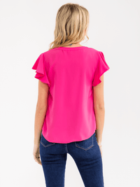 WOMEN'S SHORT RUFFLE SLEEVE V-NECK DETAILED BLOUSE