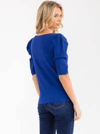 WOMEN'S SHORT PUFF SLEEVE V-NECK RIBBED BLOUSE