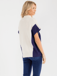 WOMEN'S SHORT SLEEVE MOCK NECK COLORBLOCK KNIT SWEATER TOP