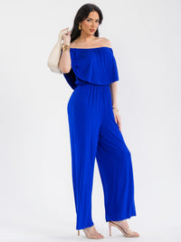 WOMEN'S SHORT SLEEVE ELASTIC WAIST POCKETS WIDE LEG JUMPSUIT