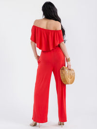 WOMEN'S SHORT SLEEVE ELASTIC WAIST POCKETS WIDE LEG JUMPSUIT