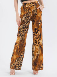 WOMEN'S ELASTIC WAIST POCKETS ANIMAL PRINT WIDE LEG PANTS