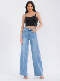 WOMEN'S BUTTON CLOSURE POCKETS WASHED WIDE LEG DENIM PANTS