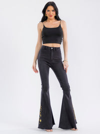 WOMEN'S BUTTON CLOSURE POCKETS STUDS EMBROIDERY BELL LEG DENIM PANTS