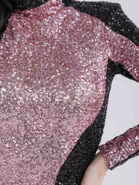 WOMEN'S LONG SLEEVE MOCK NECK COLORBLOCK BODYCON SEQUINS MAXI DRESS