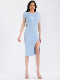 WOMEN'S SHORT SLEEVE FRONT SLIT RIBBED BODYCON MIDI DRESS