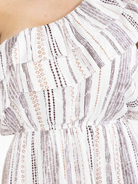 PLUS SIZE ONE SHOULDER ELASTIC WAIST RUFFLE MULTI PRINT MINI DRESS