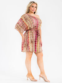 PLUS SIZE ONE SHOULDER ELASTIC WAIST SELF TIE MULTI PRINT MINI DRESS