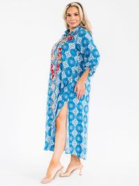 PLUS SIZE LONG SLEEVE BUTTON UP SLIT FLORAL EMBROIDERY POCKETS MULTI PRINT MAXI DRESS