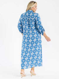 PLUS SIZE LONG SLEEVE BUTTON UP SLIT FLORAL EMBROIDERY POCKETS MULTI PRINT MAXI DRESS