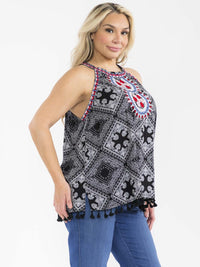 PLUS SIZE SLEEVELESS FLORAL EMBROIDERY MULTI PRINT TANK TOP