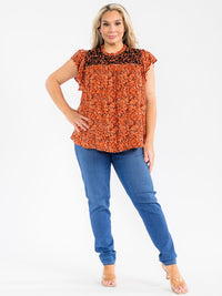 PLUS SIZE SHORT RUFFLE SLEEVE FLORAL EMBROIDERY TUNIC BLOUSE