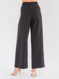 WOMEN'S BUTTON CLOSURE POCKETS STRIPES STRAIGHT LEG PANTS