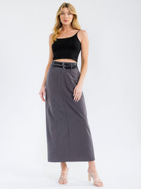 WOMEN'S BUTTON CLOSURE POCKETS DOUBLE BELTED MAXI SKIRT
