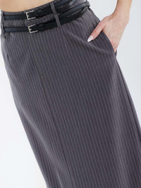 WOMEN'S BUTTON CLOSURE POCKETS DOUBLE BELTED MAXI SKIRT