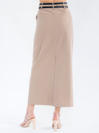WOMEN'S BUTTON CLOSURE POCKETS DOUBLE BELTED MAXI SKIRT