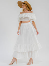 WOMEN'S SHORT SLEEVE CROP TOP & ELASTIC WAIST MAXI SKIRT TIERED RUFFLE 2PC. SET