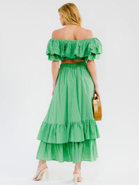 WOMEN'S SHORT SLEEVE CROP TOP & ELASTIC WAIST MAXI SKIRT TIERED RUFFLE 2PC. SET